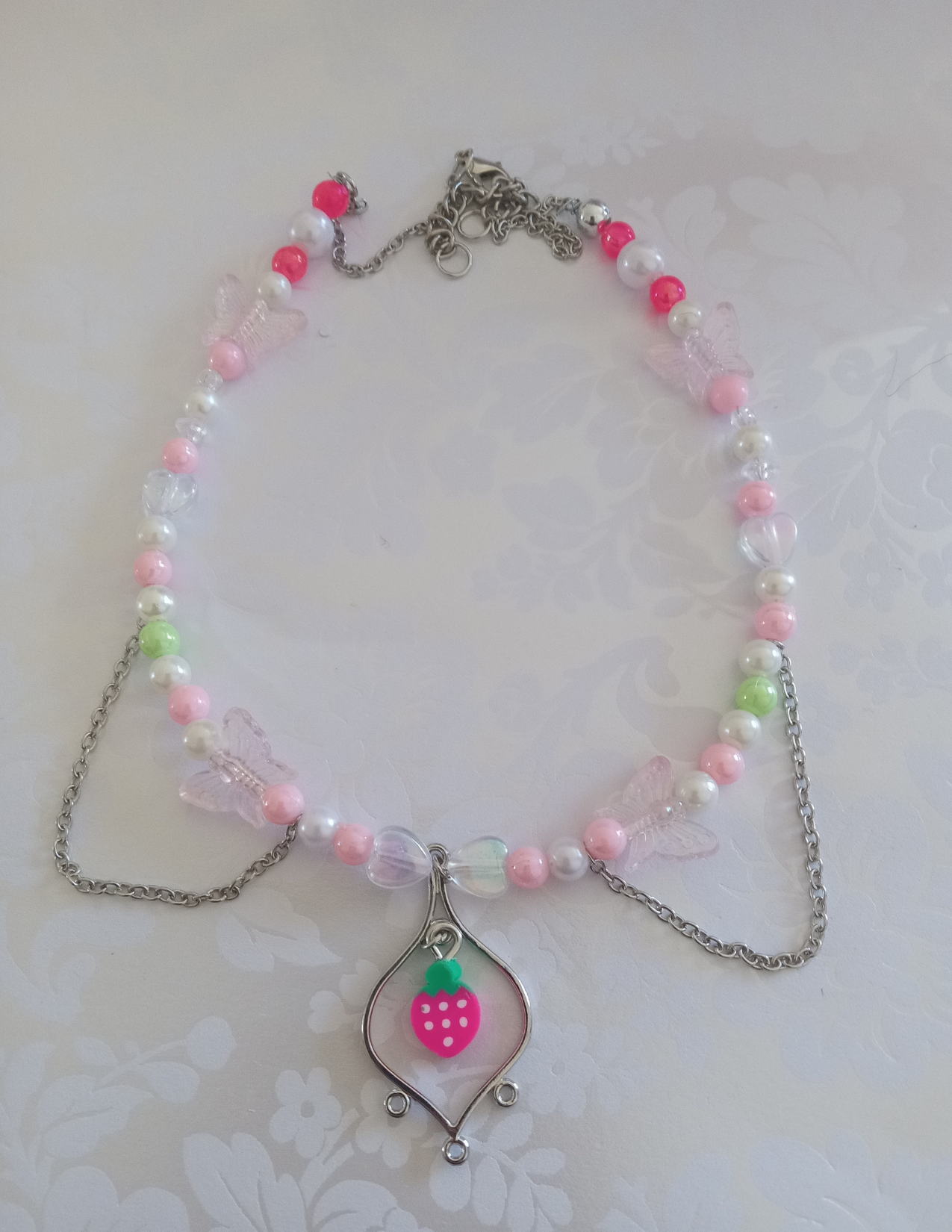 Sweet Strawberry White Clear Pink Chain Necklace