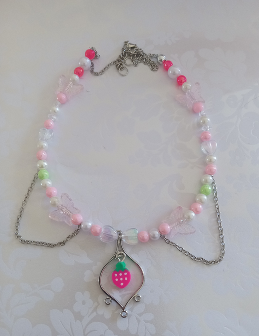 Sweet Strawberry White Clear Pink Chain Necklace